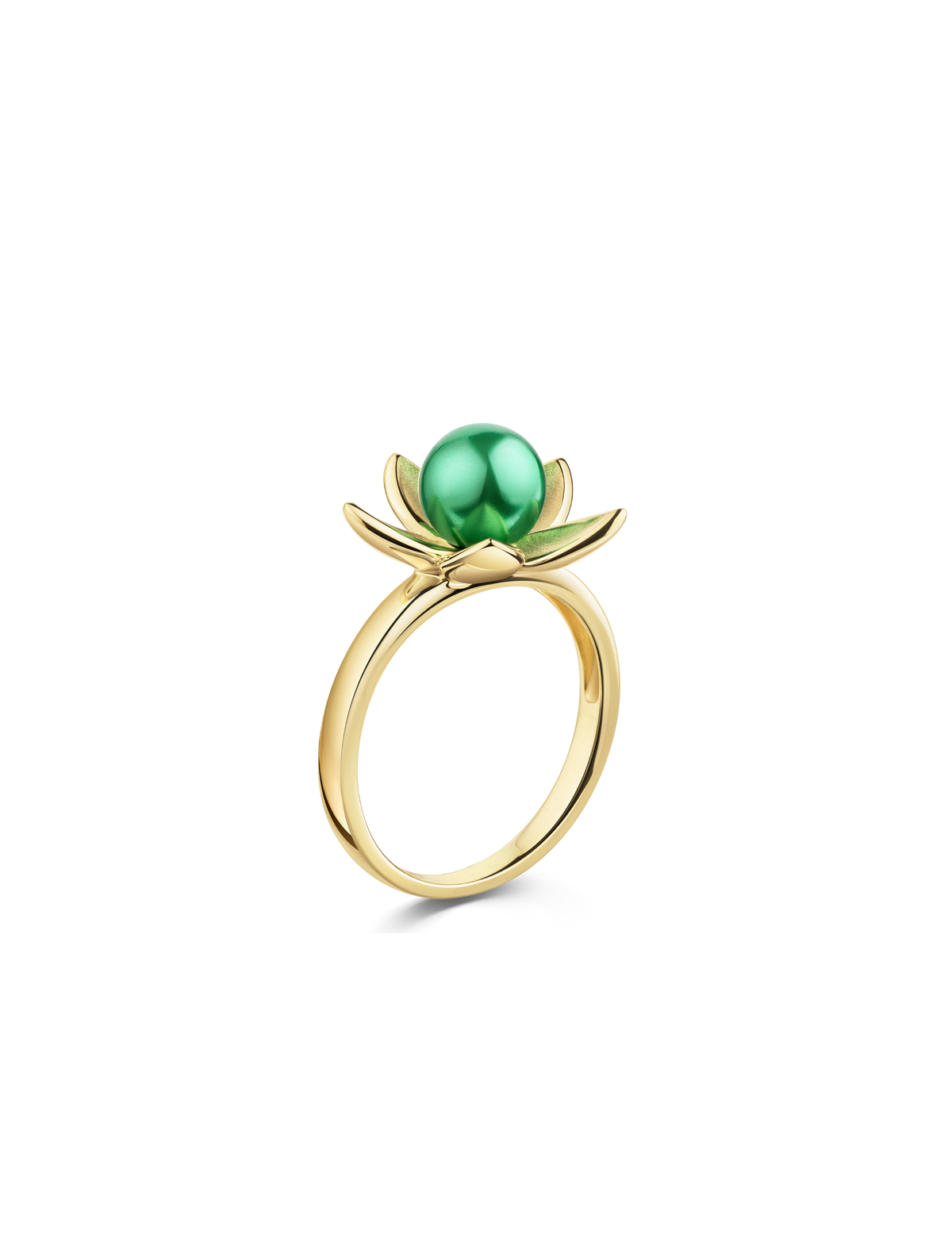 Ring Seerose 925/- Silber goldplattiert mit Muschelkernperle smaragd, Schrägansicht