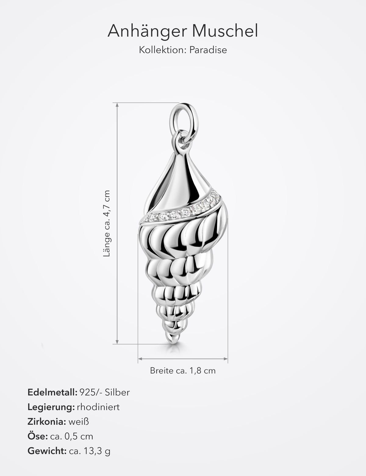 Maße Anhänger Muschel 925/- Silber rhodiniert mit Zirkonia: Länge ca. 4,7 cm, Breite ca. 1,8 cm