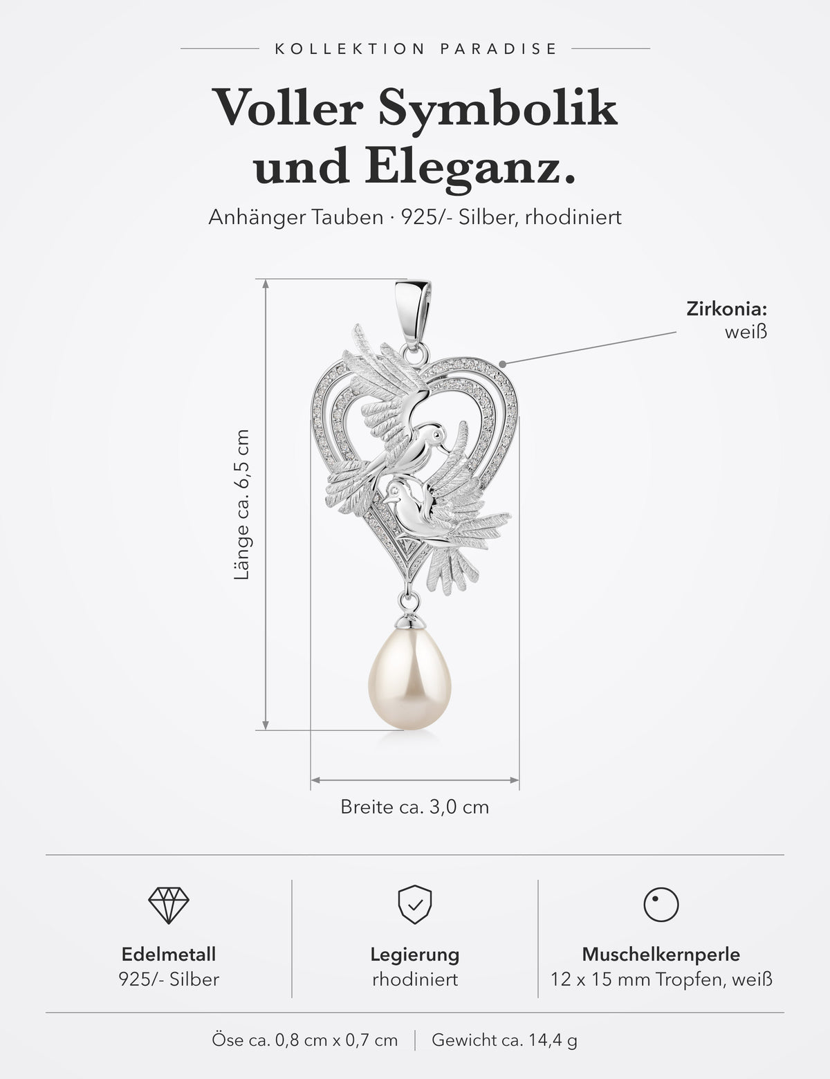 Maße Anhänger Tauben 925/- Silber rhodiniert mit Muschelkernperle: Länge ca. 6,5 cm, Breite ca. 3,0 cm