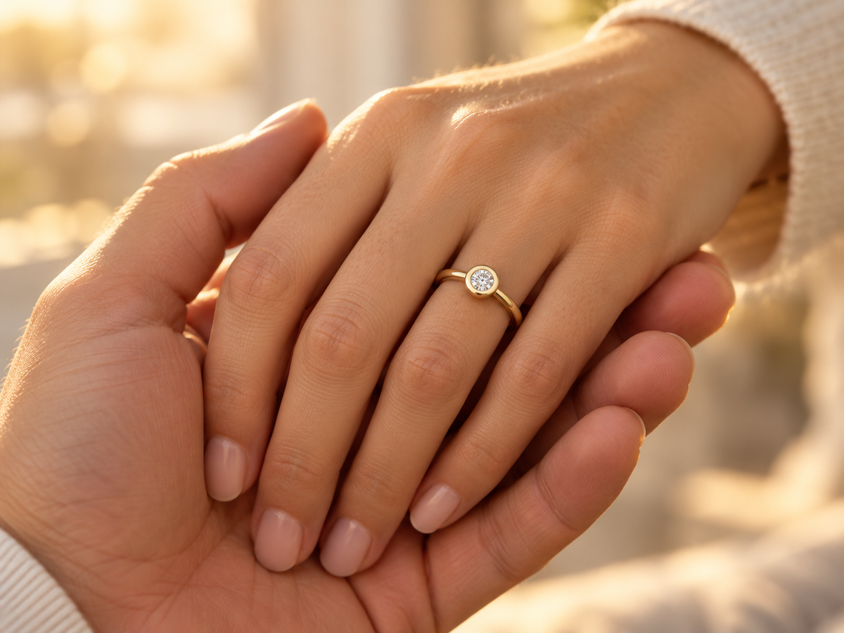 Solitär-Verlobungsring aus 585 Gelbgold mit Brillant an der Hand einer Frau, gehalten von ihrem Partner
