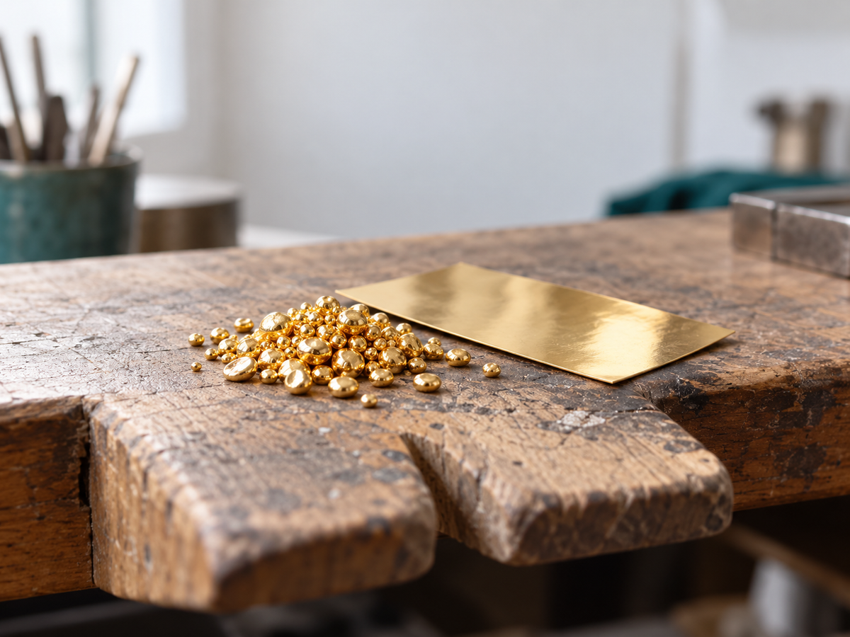 Goldgranulat und Goldblech auf der Werkbank – 585 Gold