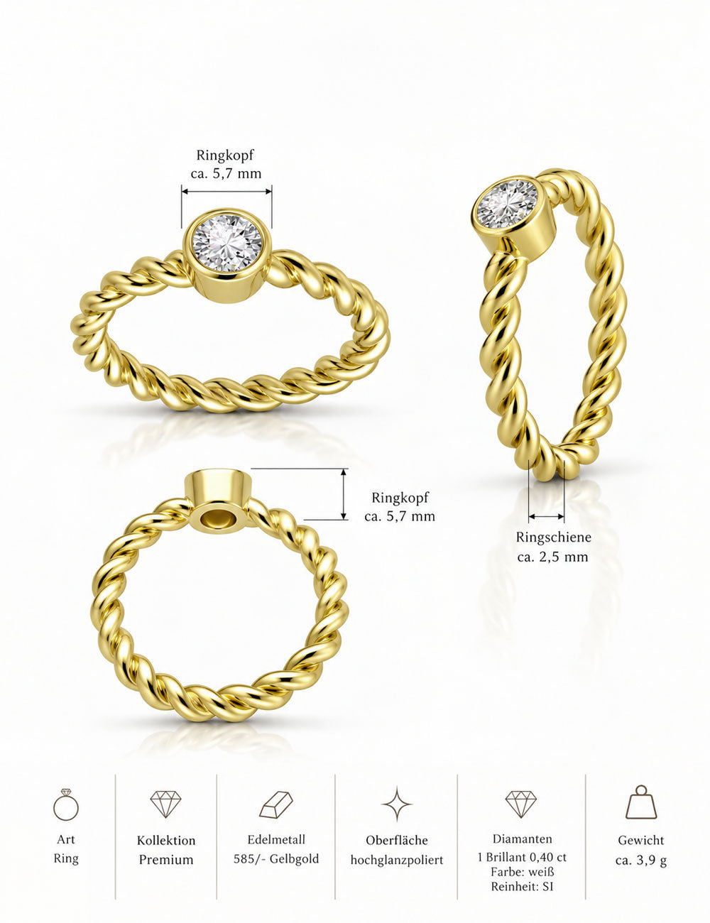 Premium Ring, 585/- Gelbgold mit Diamant 0,40 Karat