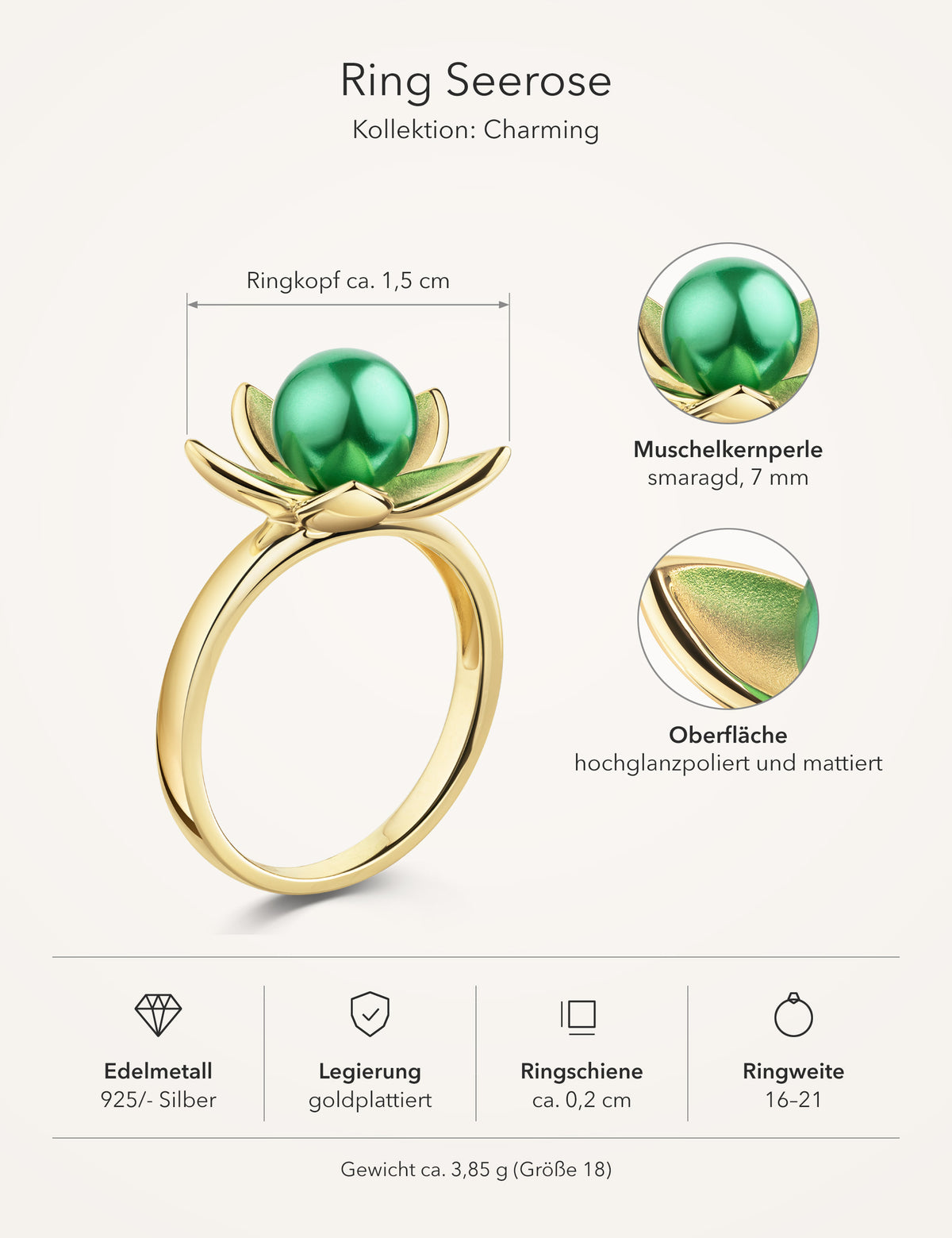 Maßbild Ring Seerose 925/- Silber goldplattiert mit Muschelkernperle smaragd 7 mm: Ringkopf ca. 1,5 cm, Ringschiene ca. 0,2 cm, Ringweite 16–21, Gewicht ca. 3,85 g (Größe 18)