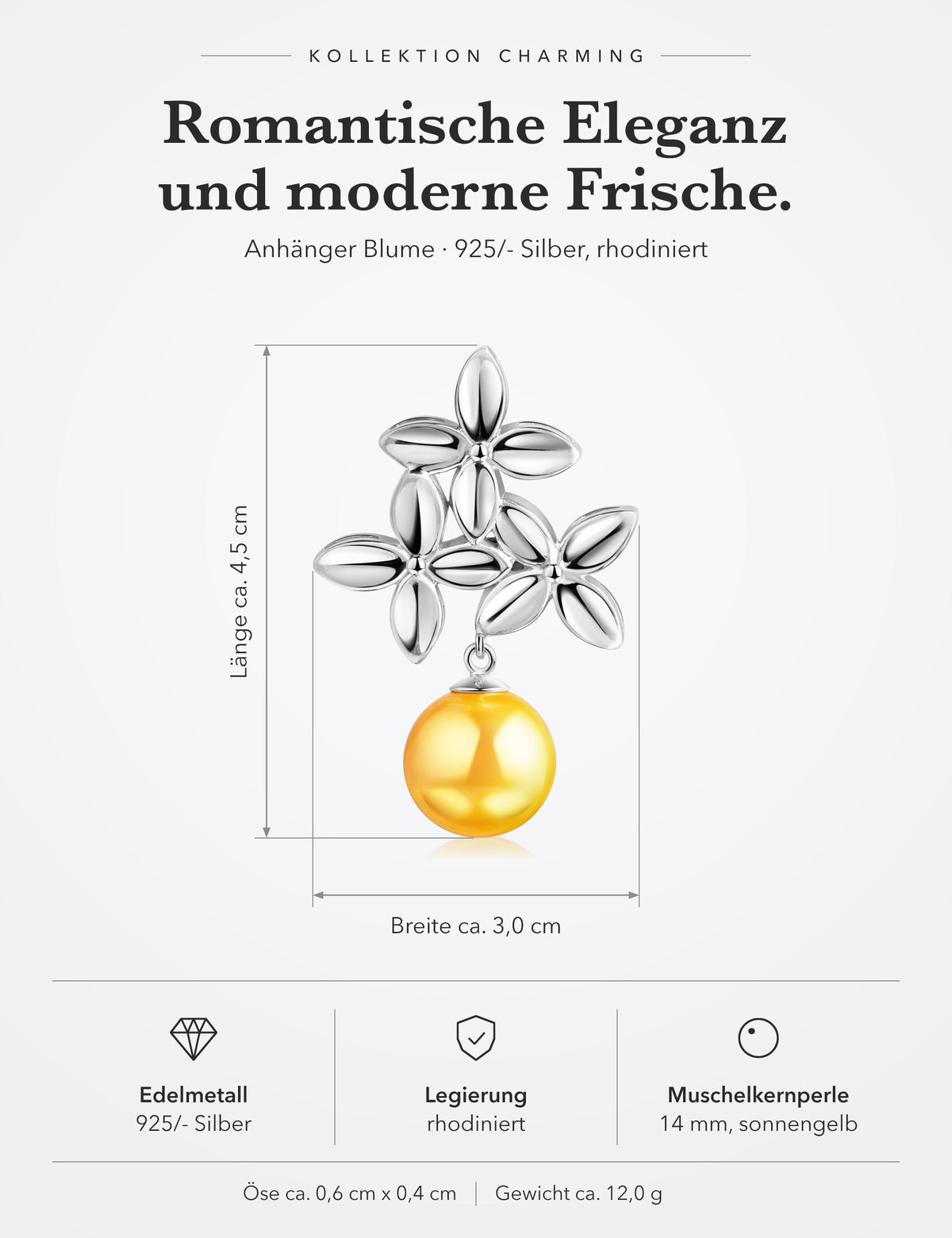 Maße Anhänger Blume 925/- Silber rhodiniert mit Muschelkernperle: Länge ca. 4,5 cm, Breite ca. 3,0 cm