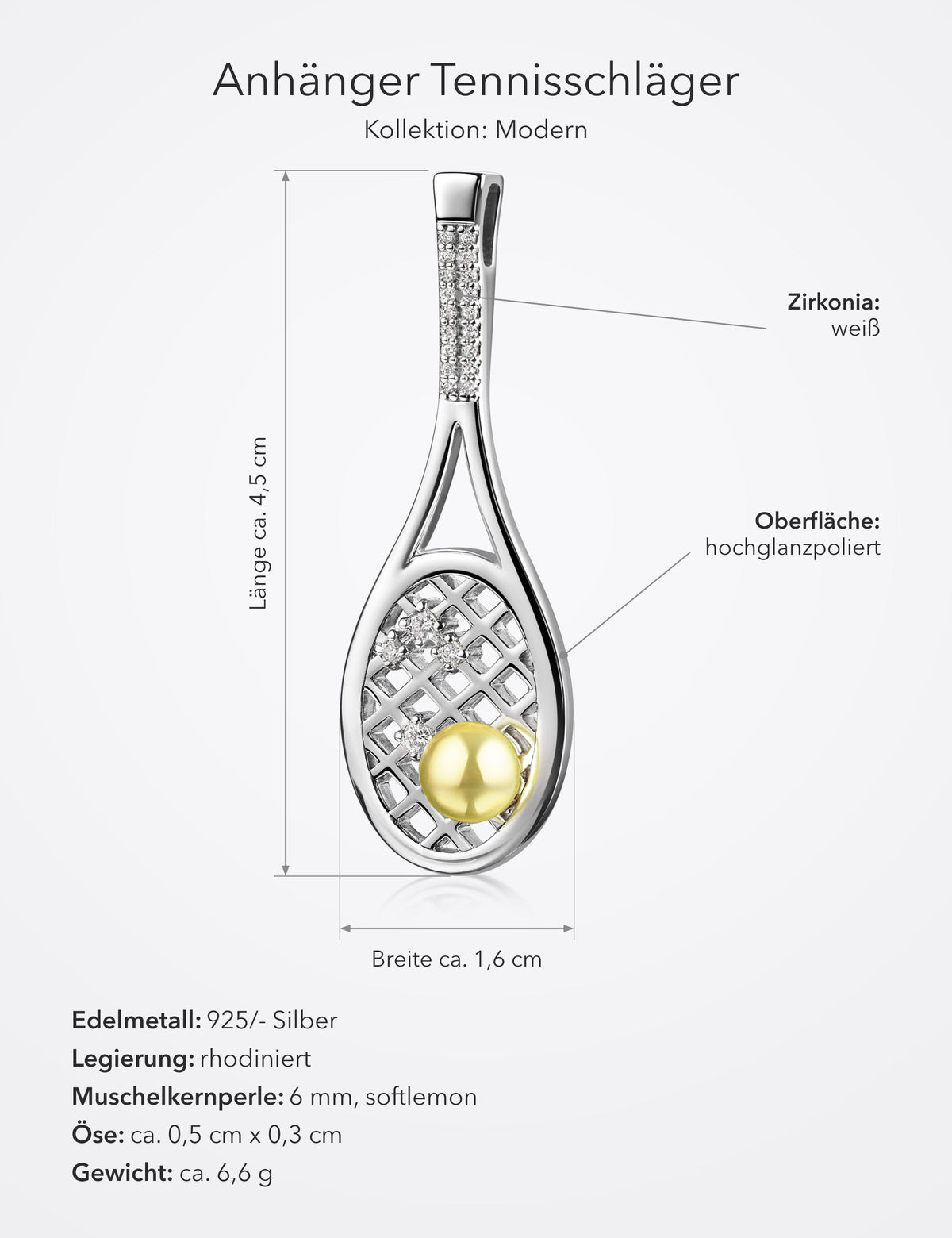 Maße Anhänger Tennisschläger 925/- Silber rhodiniert mit Muschelkernperle: Länge ca. 4,5 cm, Breite ca. 1,6 cm