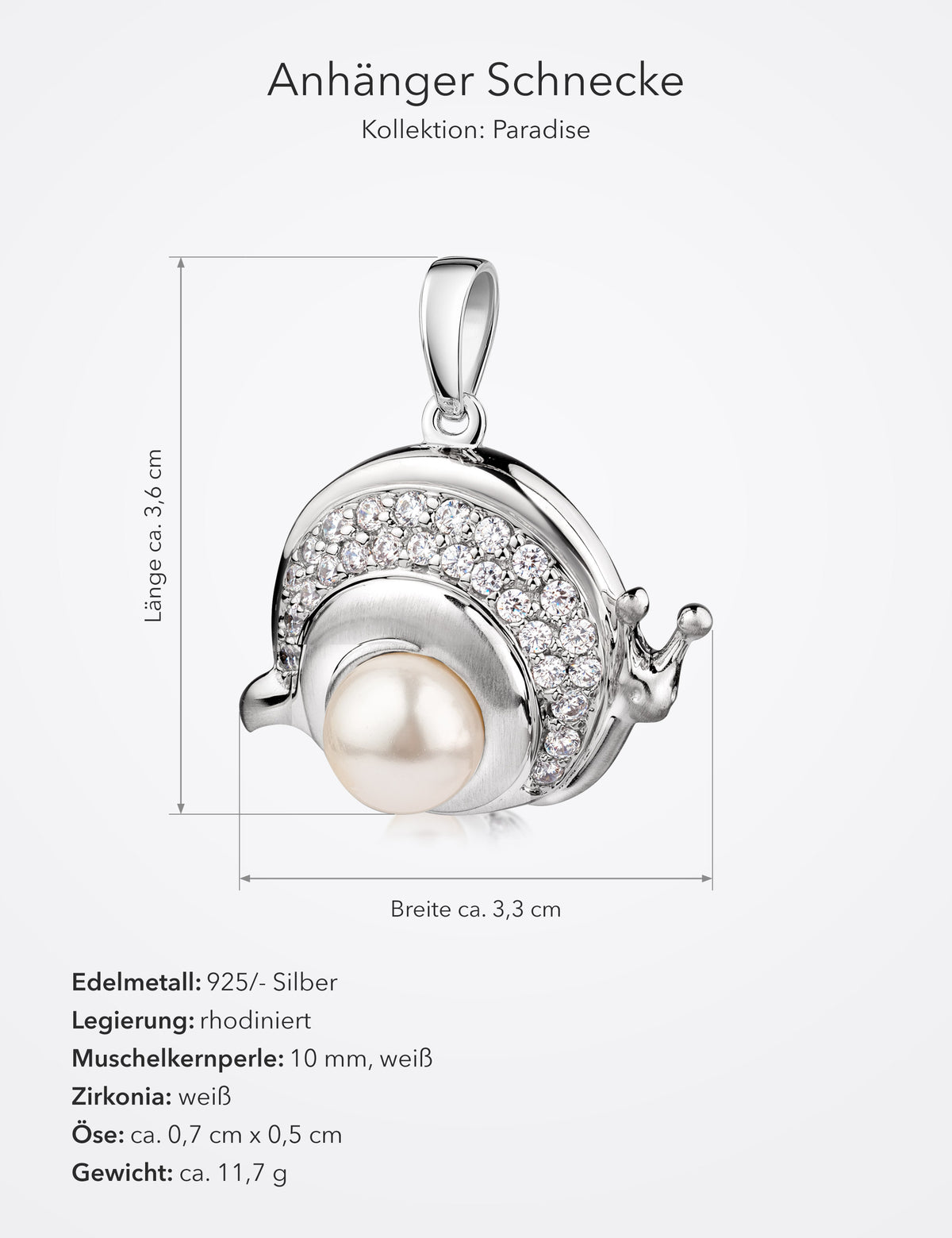 Maße Anhänger Schnecke 925/- Silber rhodiniert mit Muschelkernperle: Länge ca. 3,6 cm, Breite ca. 3,3 cm