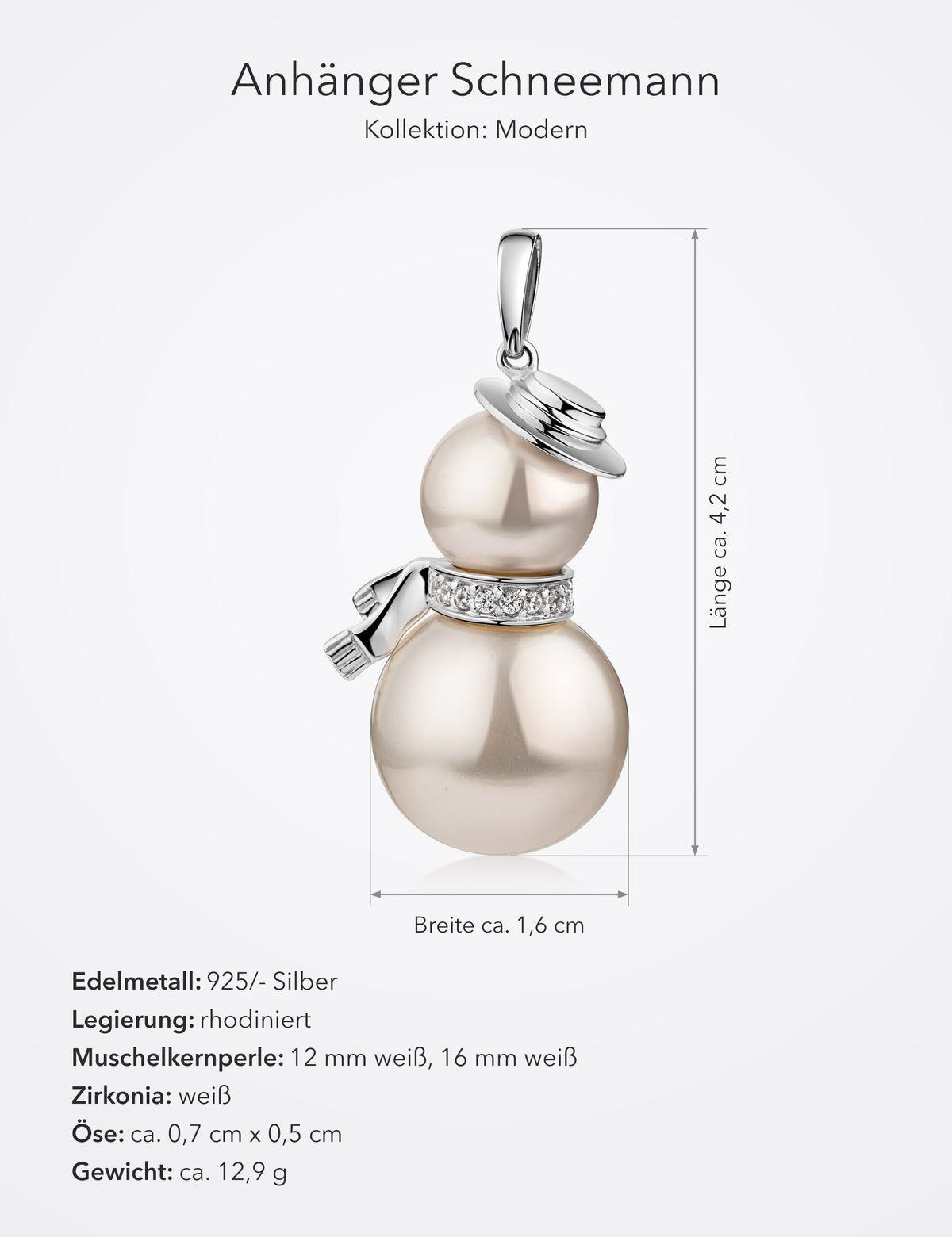 Maße Anhänger Schneemann 925/- Silber rhodiniert mit Muschelkernperlen: Länge ca. 4,2 cm, Breite ca. 1,6 cm