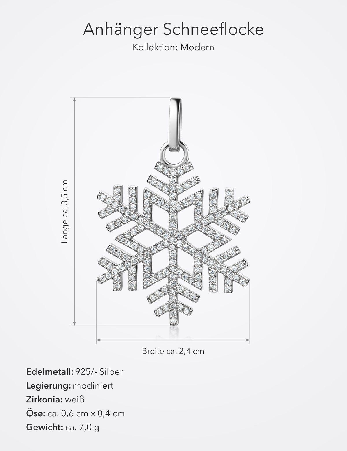 Maße Anhänger Schneeflocke 925/- Silber rhodiniert mit Zirkonia: Länge ca. 3,5 cm, Breite ca. 2,4 cm