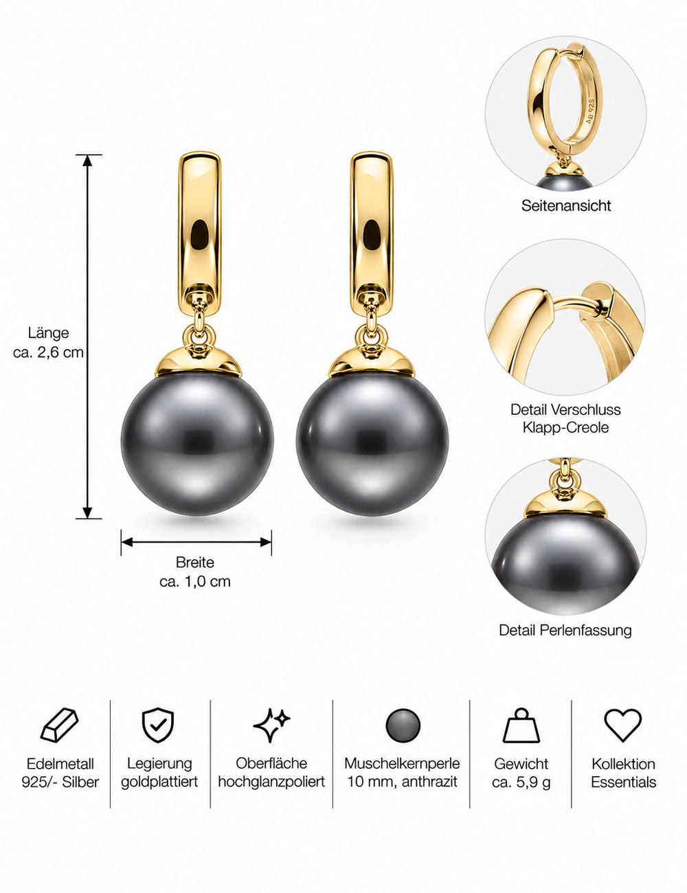 #Muschelkernperle_anthrazit #Legierung_goldplattiert