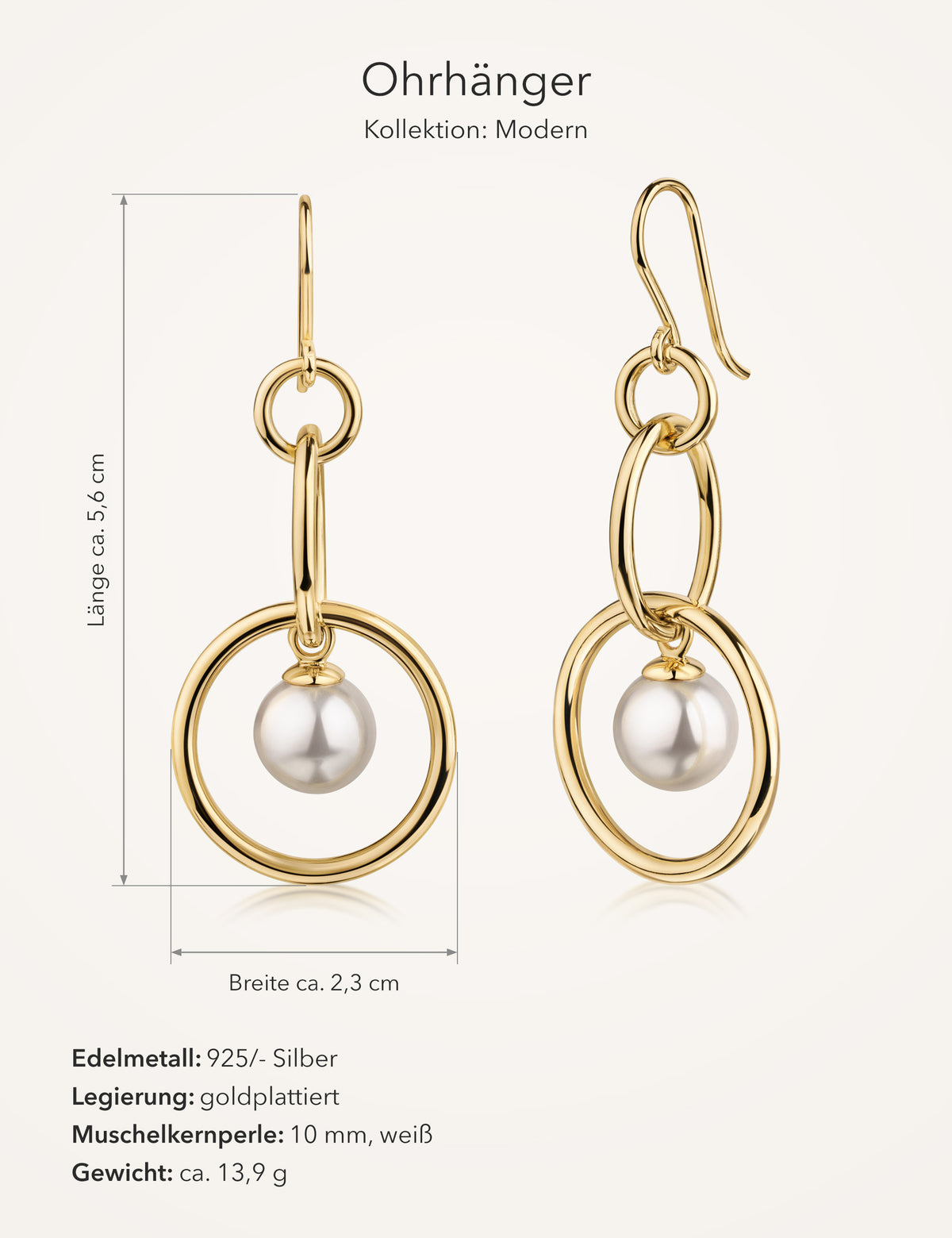 Maße Ohrhänger 925/- Silber goldplattiert mit Muschelkernperle: Länge ca. 5,6 cm, Breite ca. 2,3 cm