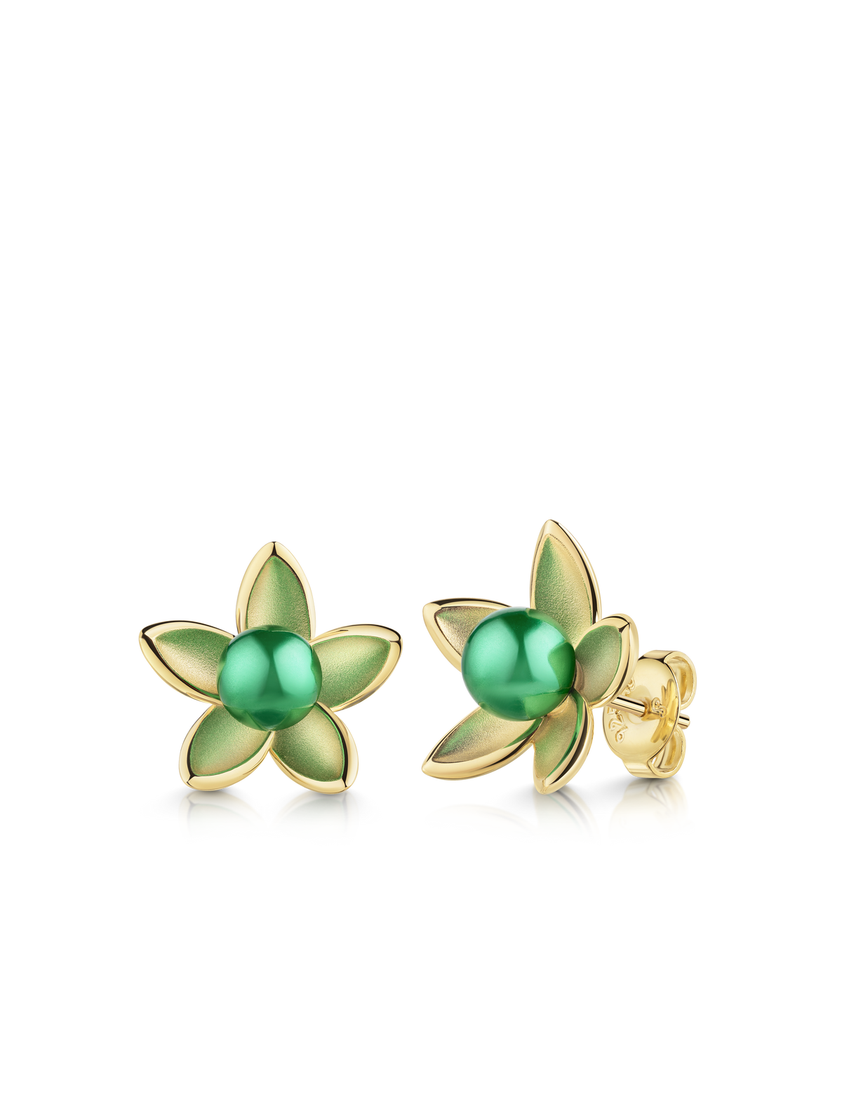 Ohrstecker Seerose 925/- Silber goldplattiert mit Muschelkernperle smaragd, Paar